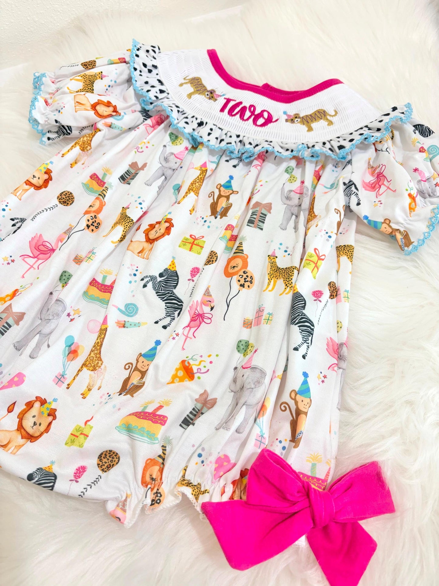 two wild zoo party circus animal second birthday outfit, pink 2nd birthday smocked bubble romper outfit hot pink animal print bow ruffle second birthday girl romper pink and white outfit, colorful rainbow pink turquoise white smocked bubble romper first birthday bows ruffle bows  embroidered smocked short sleeve 2nd birthday outfit romper baby girls, the mod mango baby boutique co