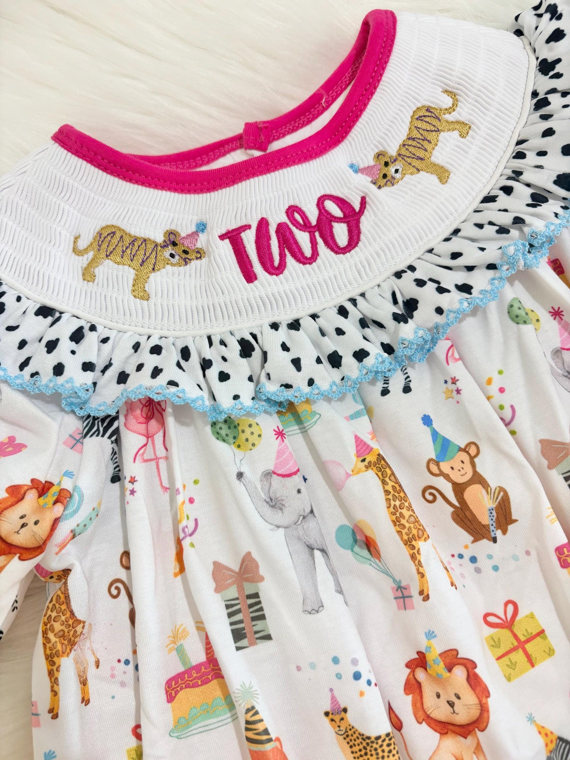 two wild zoo party circus animal second birthday outfit, pink 2nd birthday smocked bubble romper outfit hot pink animal print bow ruffle second birthday girl romper pink and white outfit, colorful rainbow pink turquoise white smocked bubble romper first birthday bows ruffle bows  embroidered smocked short sleeve 2nd birthday outfit romper baby girls, the mod mango baby boutique co
