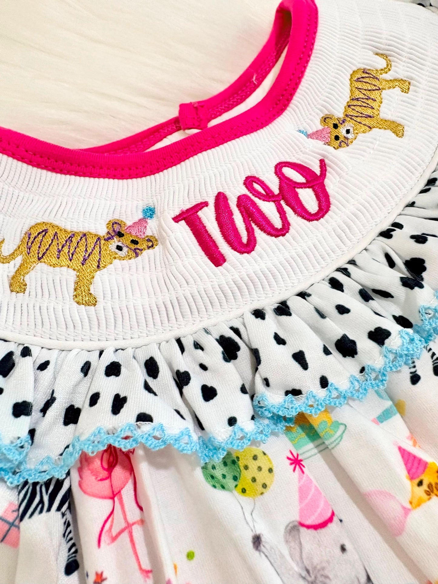 two wild zoo party circus animal second birthday outfit, pink 2nd birthday smocked bubble romper outfit hot pink animal print bow ruffle second birthday girl romper pink and white outfit, colorful rainbow pink turquoise white smocked bubble romper first birthday bows ruffle bows  embroidered smocked short sleeve 2nd birthday outfit romper baby girls, the mod mango baby boutique co