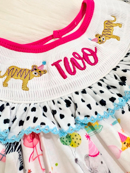 two wild zoo party circus animal second birthday outfit, pink 2nd birthday smocked bubble romper outfit hot pink animal print bow ruffle second birthday girl romper pink and white outfit, colorful rainbow pink turquoise white smocked bubble romper first birthday bows ruffle bows  embroidered smocked short sleeve 2nd birthday outfit romper baby girls, the mod mango baby boutique co