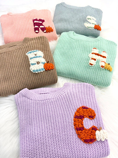Personalized Monogram Baby and Toddler Fall Pumpkin Sweater, Striped Initial Pumpkin Patch Outfit Toddler Boy Girl Baby Name Pumpkin Sweater, Custom Sweater for Fall Thanksgiving, brown and orange baby sweater with name, chunky knit baby sweater personalized, first thanksgiving, the mod mango