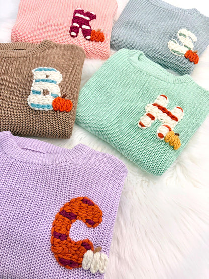 Colorful Personalized Monogram Baby and Toddler Fall Pumpkin Sweater, Striped Initial Pumpkin Patch Outfit Toddler Boy Girl Baby Name Pumpkin Sweater, Custom Sweater for Fall Thanksgiving, brown and orange baby sweater with name, chunky knit baby sweater personalized, first thanksgiving, the mod mango