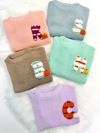 Personalized Monogram Baby and Toddler Fall Pumpkin Sweater, Striped Initial Pumpkin Patch Outfit Toddler Boy Girl Baby Name Pumpkin Sweater, Custom Sweater for Fall Thanksgiving, brown and orange baby sweater with name, chunky knit baby sweater personalized, first thanksgiving, the mod mango