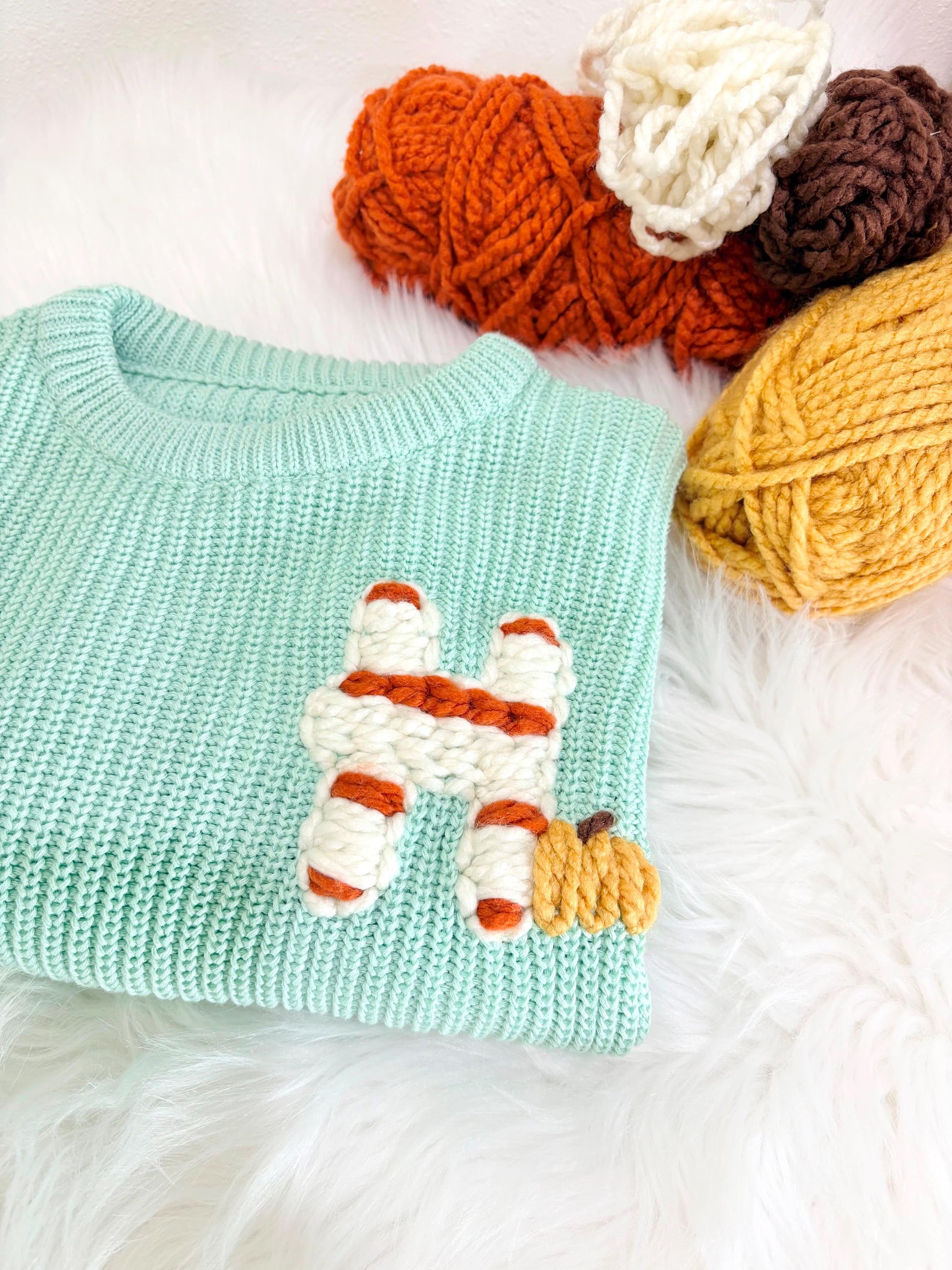 Green Orange Yellow Personalized Monogram Baby and Toddler Fall Pumpkin Sweater, Striped Initial Pumpkin Patch Outfit Toddler Boy Girl Baby Name Pumpkin Sweater, Custom Sweater for Fall Thanksgiving, brown and orange baby sweater with name, chunky knit baby sweater personalized, first thanksgiving, the mod mango
