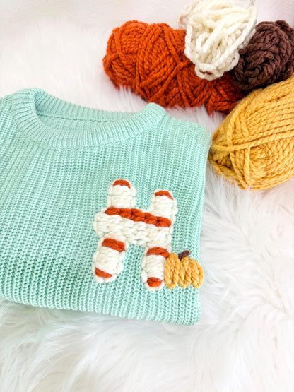 Green Orange Yellow Personalized Monogram Baby and Toddler Fall Pumpkin Sweater, Striped Initial Pumpkin Patch Outfit Toddler Boy Girl Baby Name Pumpkin Sweater, Custom Sweater for Fall Thanksgiving, brown and orange baby sweater with name, chunky knit baby sweater personalized, first thanksgiving, the mod mango
