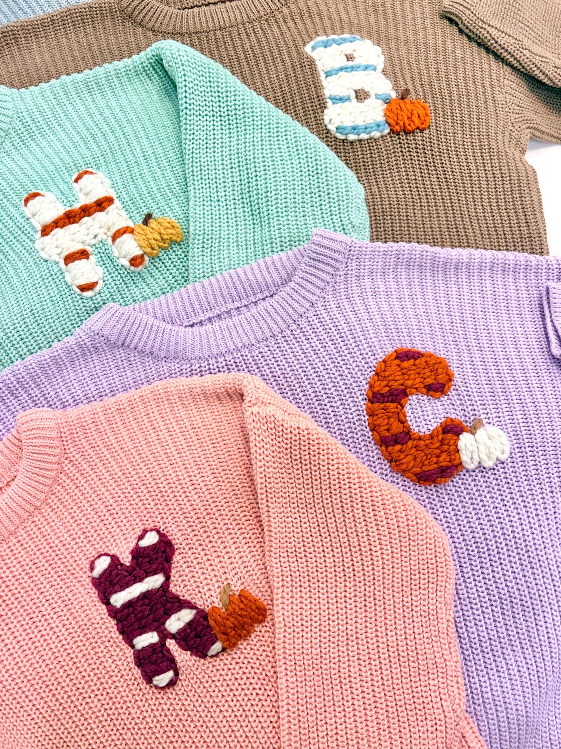 Personalized Monogram Baby and Toddler Fall Pumpkin Sweater, Striped Initial Pumpkin Patch Outfit Toddler Boy Girl Baby Name Pumpkin Sweater, Custom Sweater for Fall Thanksgiving, brown and orange baby sweater with name, chunky knit baby sweater personalized, first thanksgiving, the mod mango