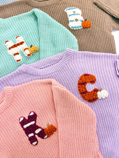 Personalized Monogram Baby and Toddler Fall Pumpkin Sweater, Striped Initial Pumpkin Patch Outfit Toddler Boy Girl Baby Name Pumpkin Sweater, Custom Sweater for Fall Thanksgiving, brown and orange baby sweater with name, chunky knit baby sweater personalized, first thanksgiving, the mod mango
