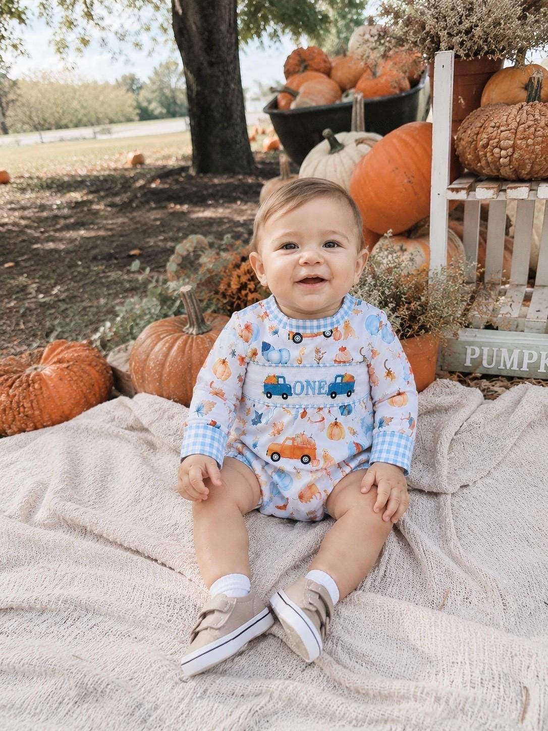 little pumpkin one shirt first birthday boy romper fall orange blue white gingham checkered outfit, ONE smocked bubble romper first birthday fall pumpkins puppy dog truck leaves blue pumpkin, pumpkin truck embroidered smocked 1st birthday outfit romper baby boys, the mod mango baby co baby boutique