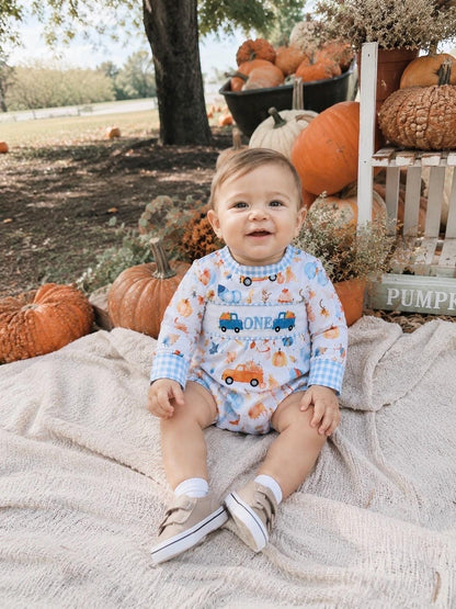 little pumpkin one shirt first birthday boy romper fall orange blue white gingham checkered outfit, ONE smocked bubble romper first birthday fall pumpkins puppy dog truck leaves blue pumpkin, pumpkin truck embroidered smocked 1st birthday outfit romper baby boys, the mod mango baby co baby boutique