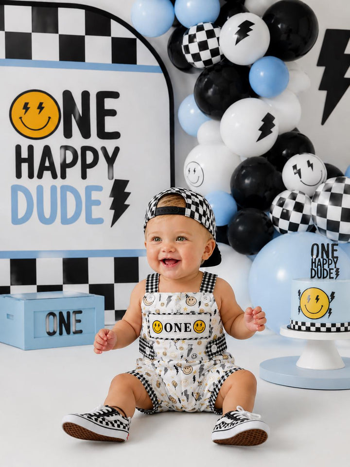 one happy dude cake smash outfit first birthday shirt boy romper smiley face yellow black white checkered gingham rad lightning bolt eyes smiley face smash cake outfit overalls, ONE smocked romper first birthday happy boy, happy face embroidered smocked spring summer 1st birthday boy outfit romper baby boys cake smash outfit, the mod mango baby boutique co