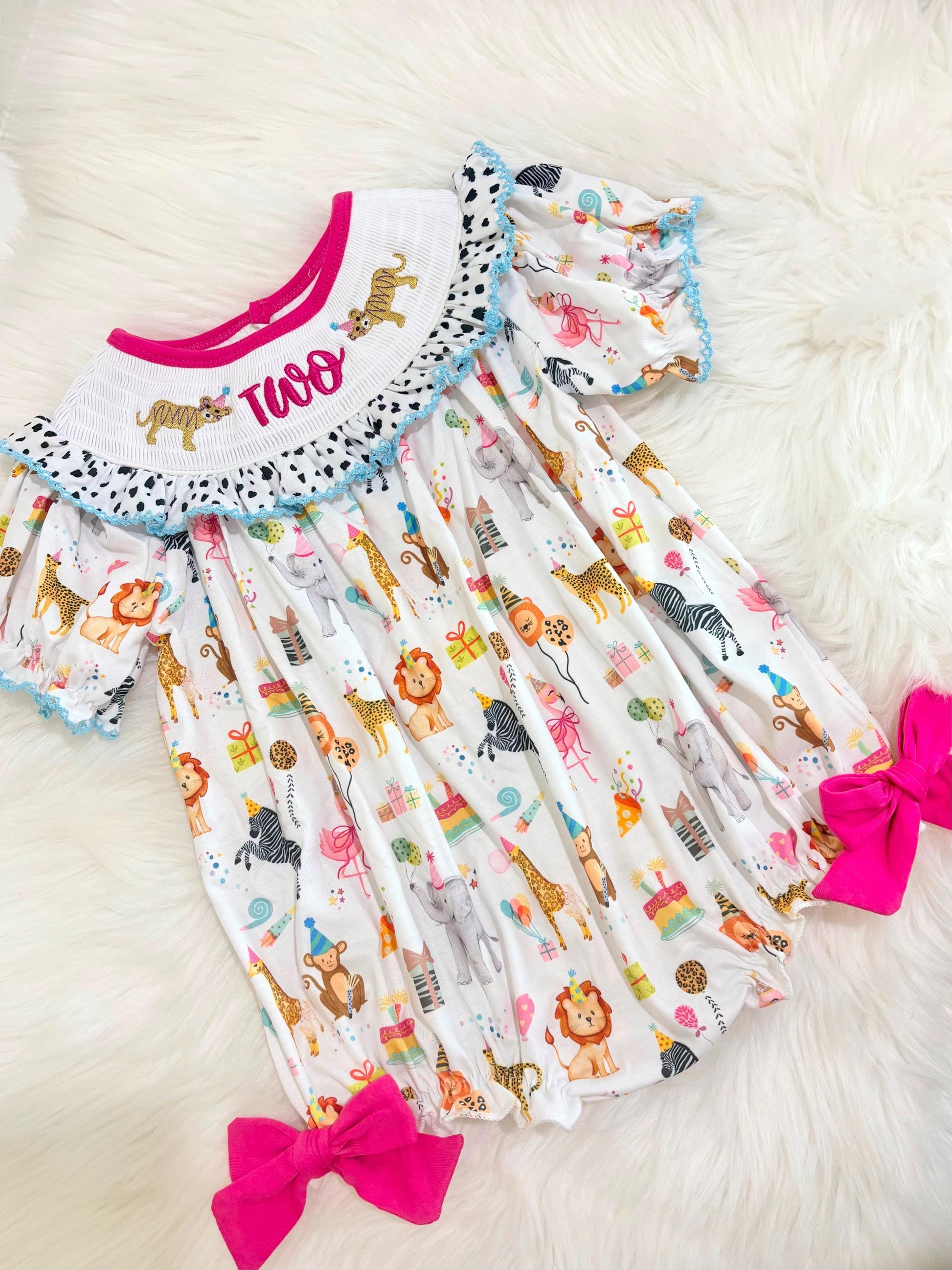 two wild zoo party circus animal second birthday outfit, pink 2nd birthday smocked bubble romper outfit hot pink animal print bow ruffle second birthday girl romper pink and white outfit, colorful rainbow pink turquoise white smocked bubble romper first birthday bows ruffle bows  embroidered smocked short sleeve 2nd birthday outfit romper baby girls, the mod mango baby boutique co