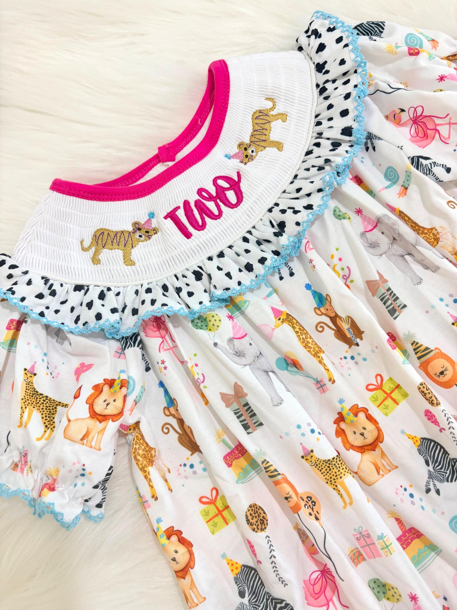 two wild zoo party circus animal second birthday outfit, pink 2nd birthday smocked bubble romper outfit hot pink animal print bow ruffle second birthday girl romper pink and white outfit, colorful rainbow pink turquoise white smocked bubble romper first birthday bows ruffle bows  embroidered smocked short sleeve 2nd birthday outfit romper baby girls, the mod mango baby boutique co