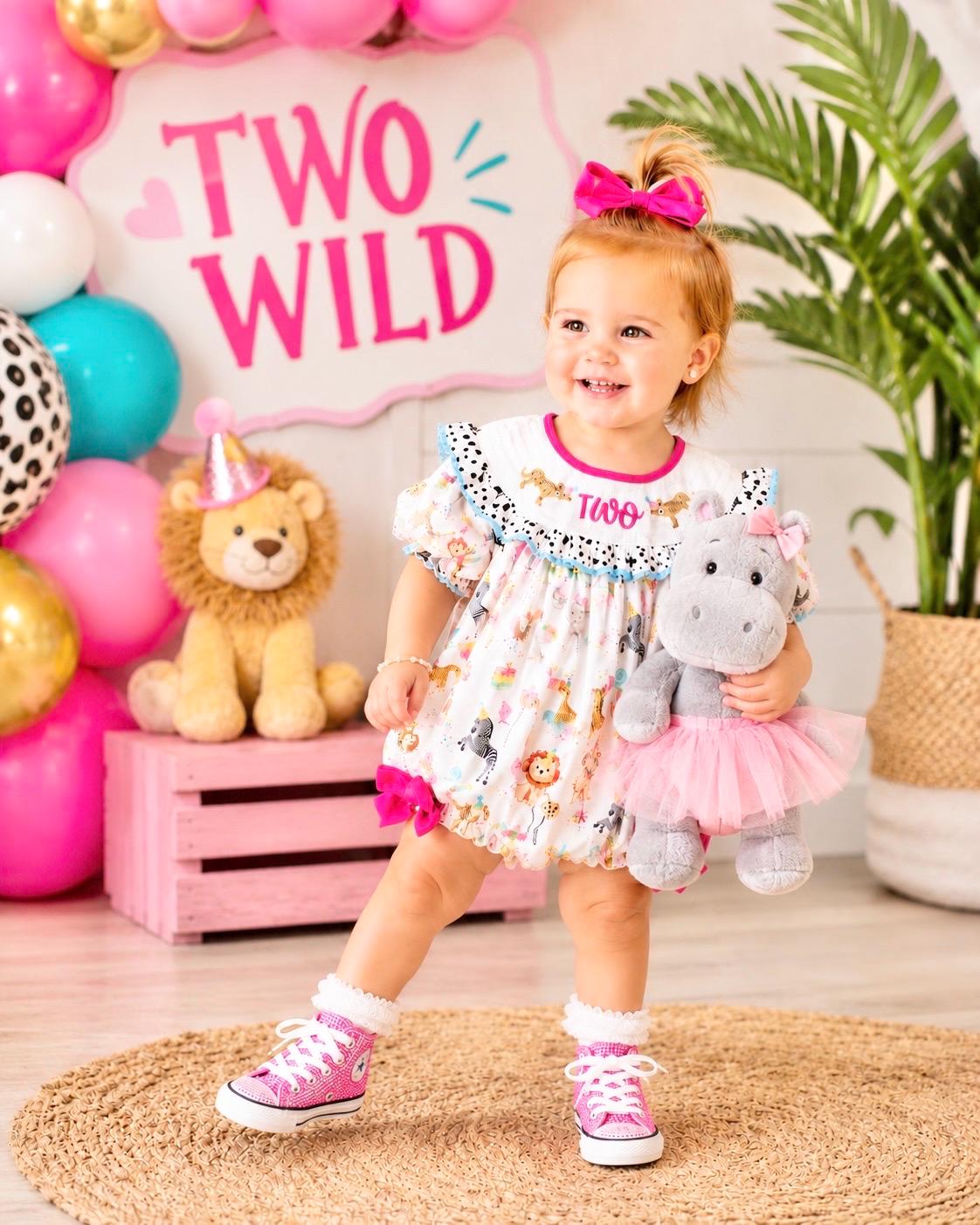 two wild zoo party circus animal second birthday outfit, pink 2nd birthday smocked bubble romper outfit hot pink animal print bow ruffle second birthday girl romper pink and white outfit, colorful rainbow pink turquoise white smocked bubble romper first birthday bows ruffle bows  embroidered smocked short sleeve 2nd birthday outfit romper baby girls, the mod mango baby boutique co