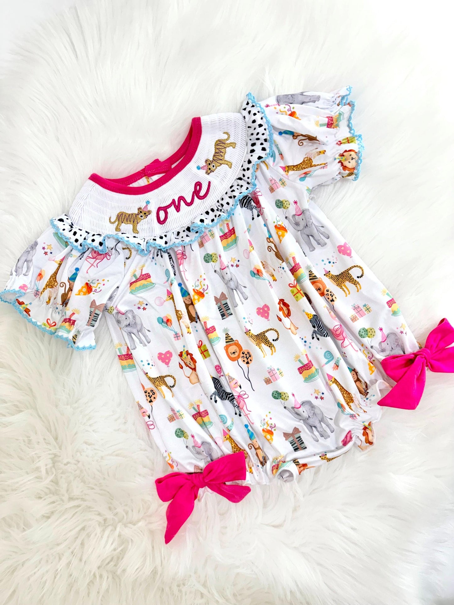 zoo party circus animal first birthday outfit, pink first birthday smocked bubble romper outfit hot pink animal print bow ruffle first birthday girl romper pink and white outfit, colorful rainbow pink turquoise white smocked bubble romper first birthday winter bows ruffle bows embroidered smocked long sleeve 1st birthday outfit romper baby girls, the mod mango baby boutique co