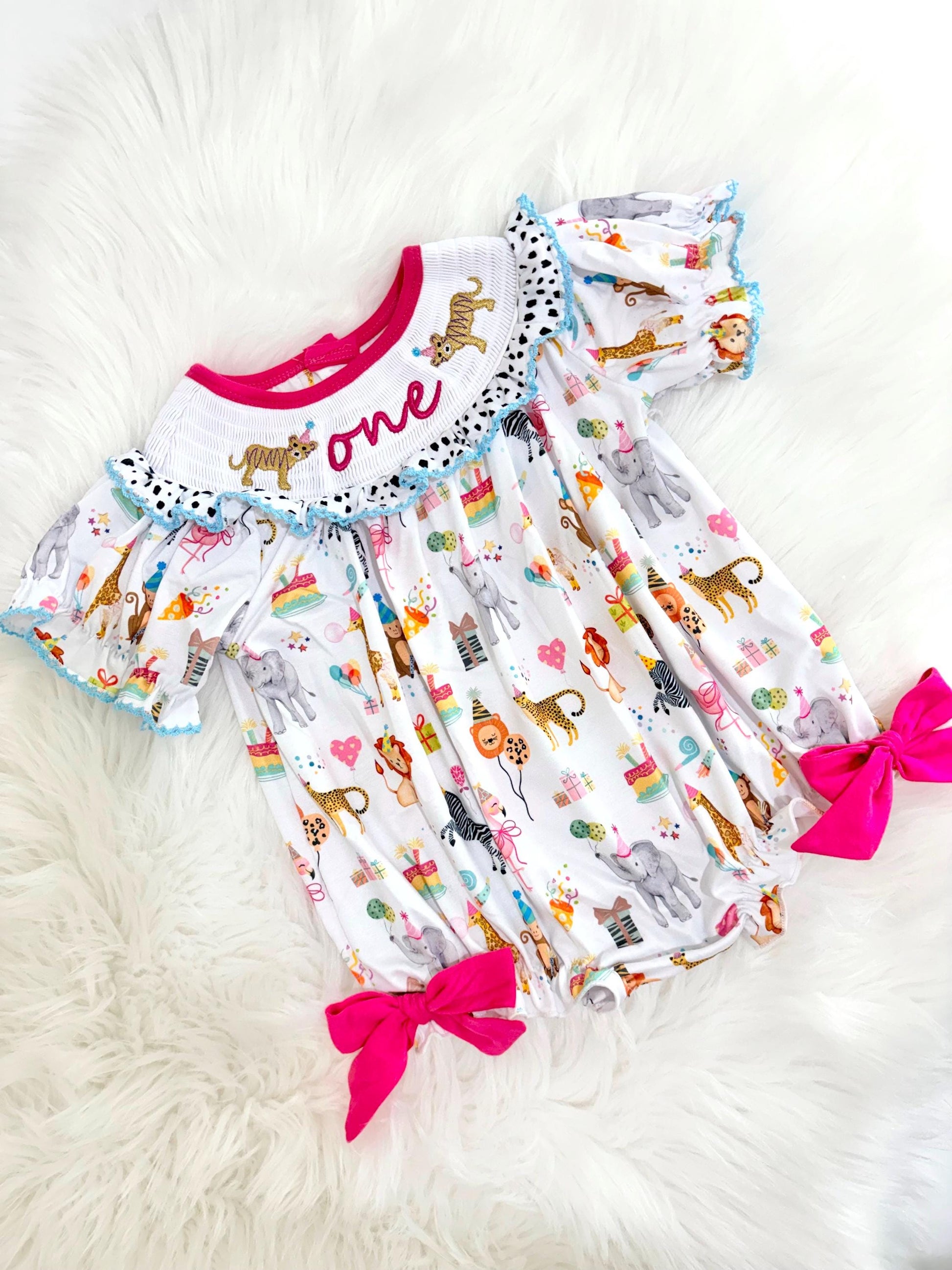 zoo party circus animal first birthday outfit, pink first birthday smocked bubble romper outfit hot pink animal print bow ruffle first birthday girl romper pink and white outfit, colorful rainbow pink turquoise white smocked bubble romper first birthday winter bows ruffle bows embroidered smocked long sleeve 1st birthday outfit romper baby girls, the mod mango baby boutique co