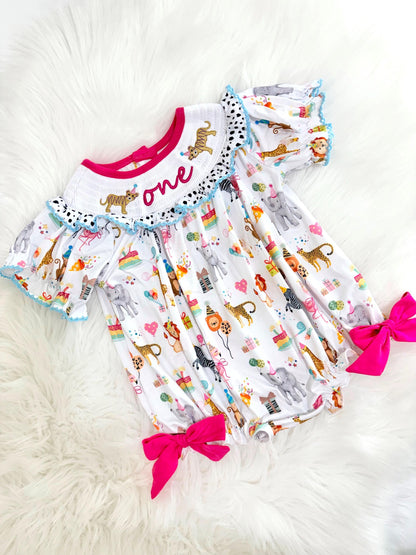 zoo party circus animal first birthday outfit, pink first birthday smocked bubble romper outfit hot pink animal print bow ruffle first birthday girl romper pink and white outfit, colorful rainbow pink turquoise white smocked bubble romper first birthday winter bows ruffle bows embroidered smocked long sleeve 1st birthday outfit romper baby girls, the mod mango baby boutique co