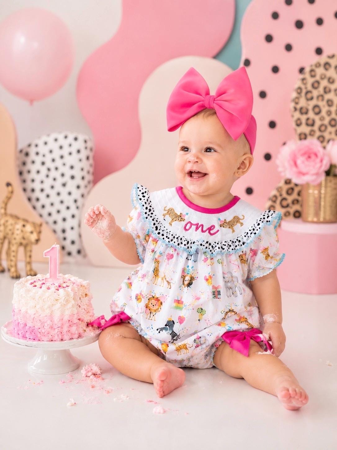 zoo party circus animal first birthday outfit, pink first birthday smocked bubble romper outfit hot pink animal print bow ruffle first birthday girl romper pink and white outfit, colorful rainbow pink turquoise white smocked bubble romper first birthday winter bows ruffle bows embroidered smocked long sleeve 1st birthday outfit romper baby girls, the mod mango baby boutique co