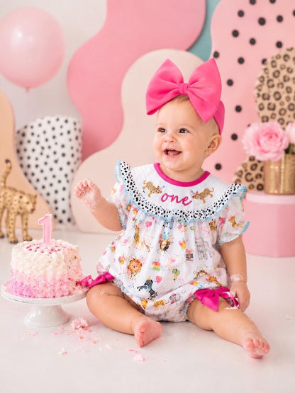 zoo party circus animal first birthday outfit, pink first birthday smocked bubble romper outfit hot pink animal print bow ruffle first birthday girl romper pink and white outfit, colorful rainbow pink turquoise white smocked bubble romper first birthday winter bows ruffle bows embroidered smocked long sleeve 1st birthday outfit romper baby girls, the mod mango baby boutique co
