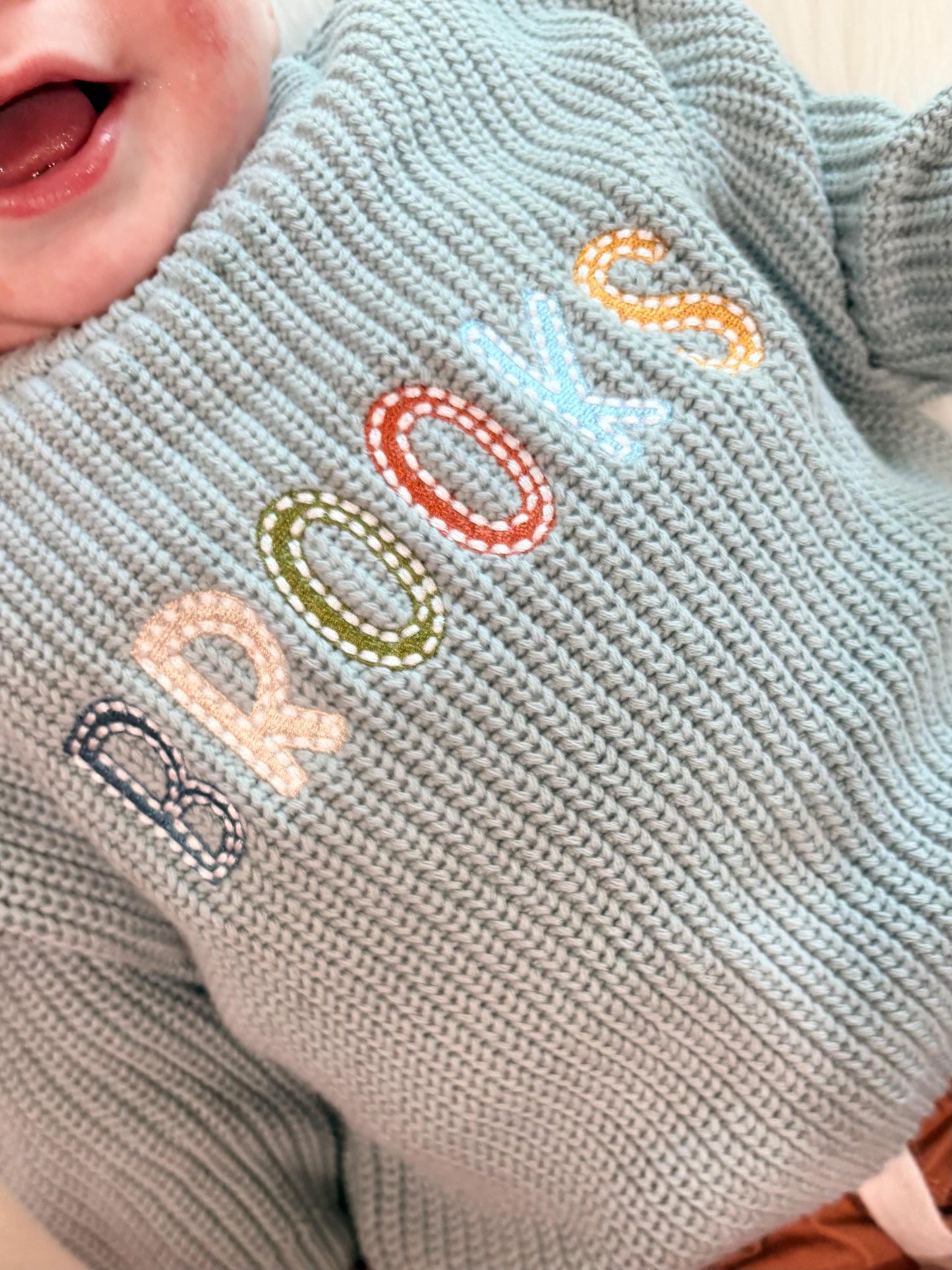 oversized toddler boys sweater embroidered name sweater, personalized back to school shirt, kids preschool kindergarten stitched name, blue white red beige cream mint green brown, fall sweater for kids toddler boys, custom baby sweater with name, embroidered baby sweater, the mod mango baby boutique co