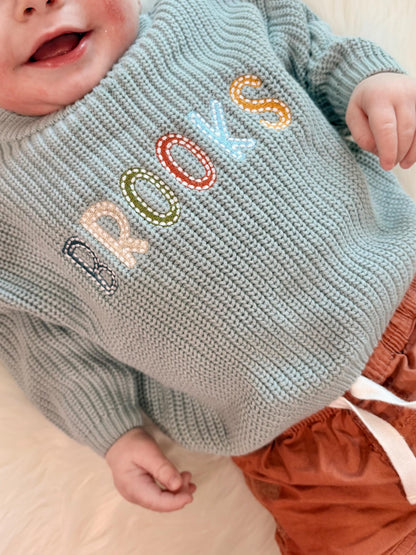 oversized toddler boys sweater embroidered name sweater, personalized back to school shirt, kids preschool kindergarten stitched name, blue white red beige cream mint green brown, fall sweater for kids toddler boys, custom baby sweater with name, embroidered baby sweater, the mod mango baby boutique co
