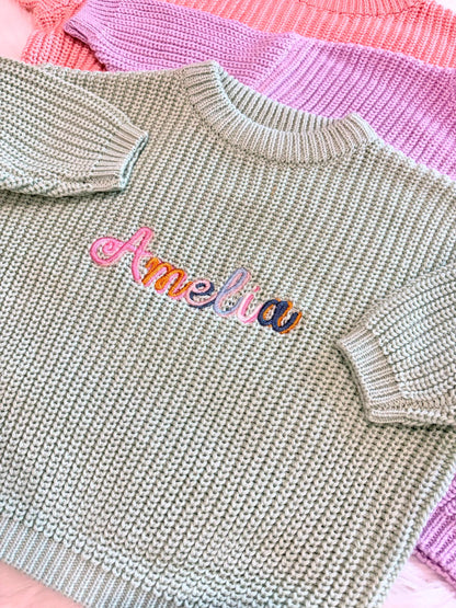 embroidered baby toddler colorful sweater for baby girl, personalized gift for girl, light pink blush beige cream baby gift, back to school shirt sweater, custom toddler baby sweater with name, embroidered fall sweater, the mod mango baby boutique co