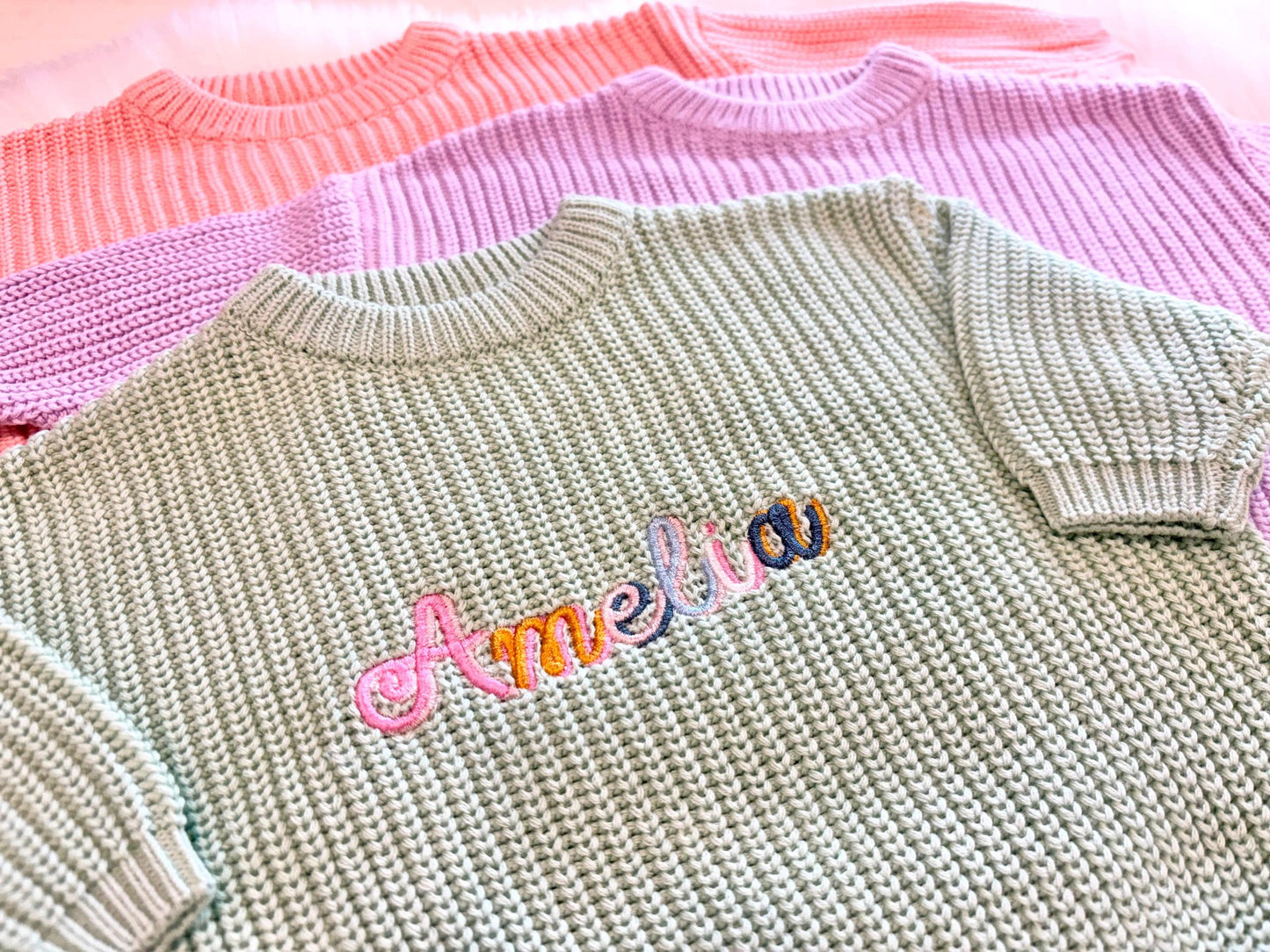 embroidered baby toddler colorful sweater for baby girl, personalized gift for girl, light pink blush beige cream baby gift, back to school shirt sweater, custom toddler baby sweater with name, embroidered fall sweater, the mod mango baby boutique co