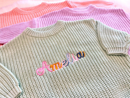 embroidered baby toddler colorful sweater for baby girl, personalized gift for girl, light pink blush beige cream baby gift, back to school shirt sweater, custom toddler baby sweater with name, embroidered fall sweater, the mod mango baby boutique co