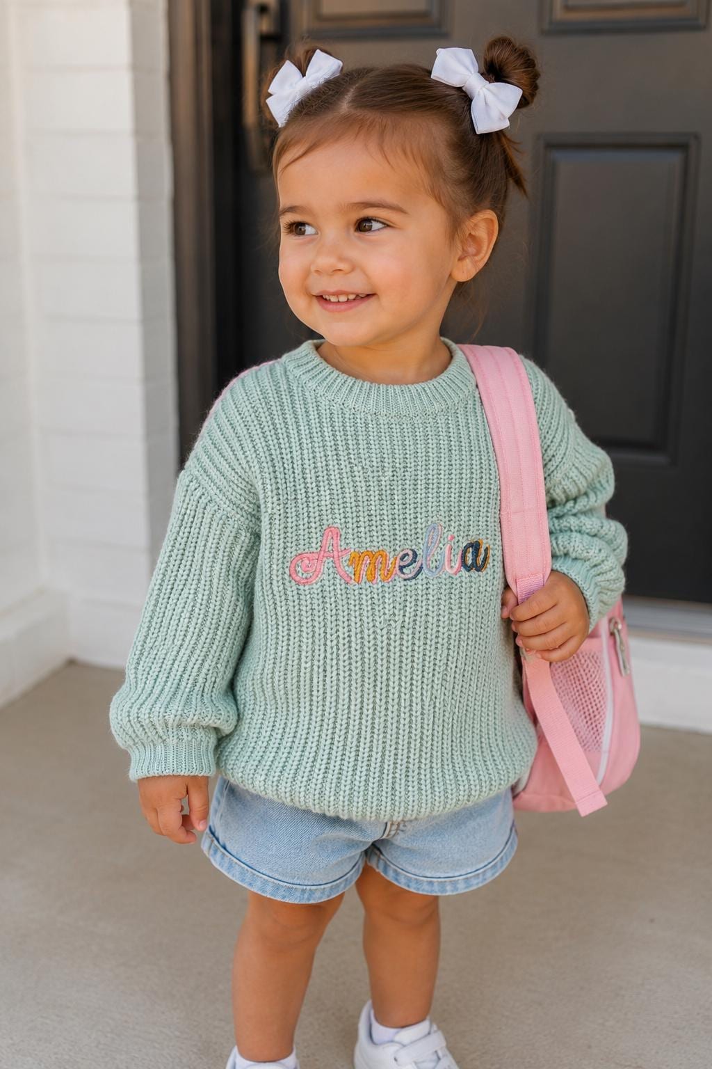 embroidered baby toddler colorful sweater for baby girl, personalized gift for girl, light pink blush beige cream baby gift, back to school shirt sweater, custom toddler baby sweater with name, embroidered fall sweater, the mod mango baby boutique co