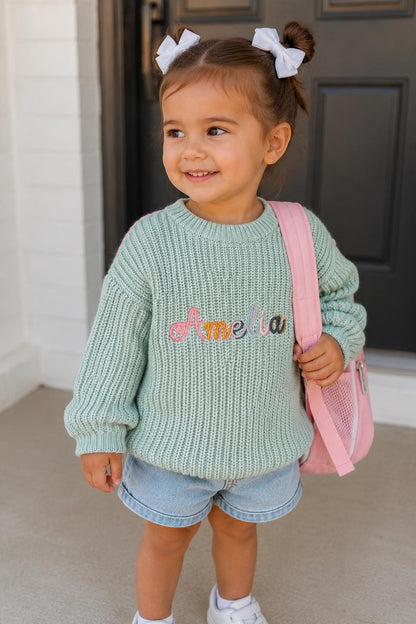 embroidered baby toddler colorful sweater for baby girl, personalized gift for girl, light pink blush beige cream baby gift, back to school shirt sweater, custom toddler baby sweater with name, embroidered fall sweater, the mod mango baby boutique co