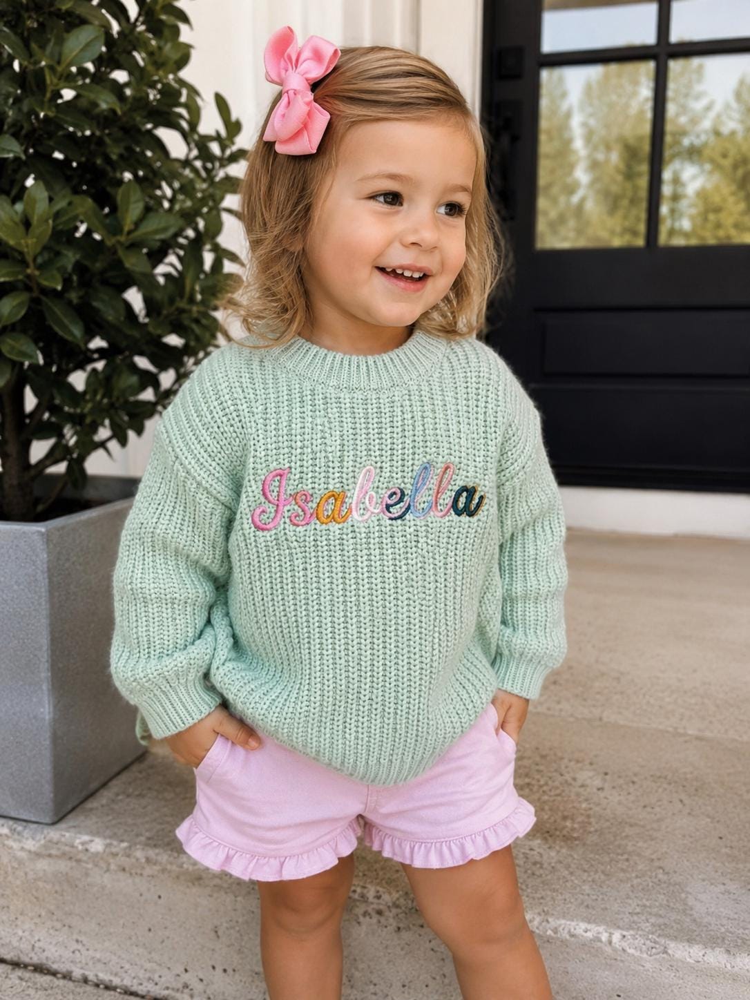 embroidered baby toddler colorful sweater for baby girl, personalized gift for girl, light pink blush beige cream baby gift, back to school shirt sweater, custom toddler baby sweater with name,  embroidered sweater, the mod mango baby boutique co