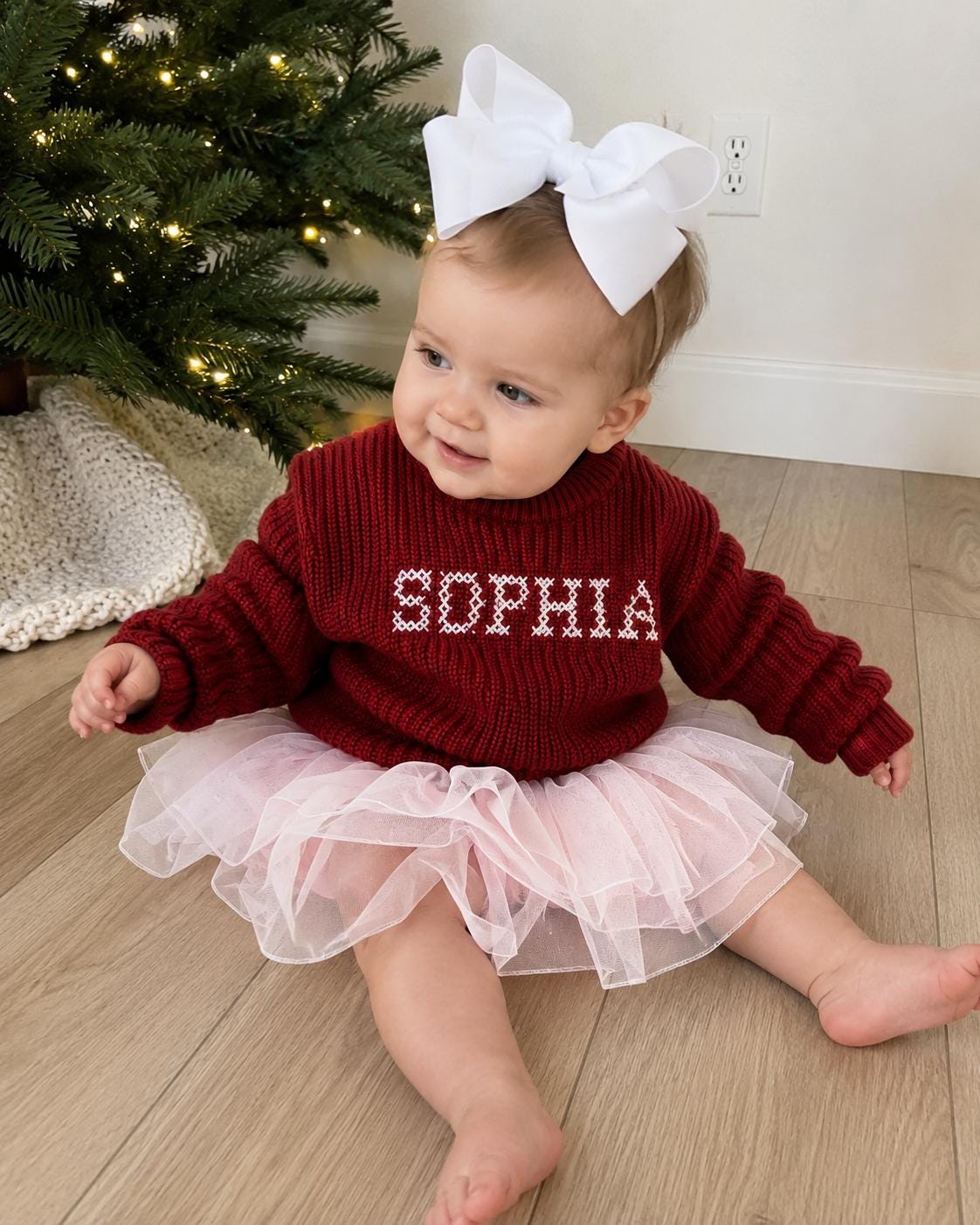 Baby Toddler Name Sweater, Baby Christmas Sweater Personalized, Christmas Tree Sweater with Name, Reindeer Rudloph Holiday Sweater, Boys Girls Christmas Sweater, Red and white, tan, beige Green with Christmas Trees Sweater, chunky knit personalized christmas tree sweater shirt outfit, the mod mango baby co, cross stitch christmas outfit baby toddler