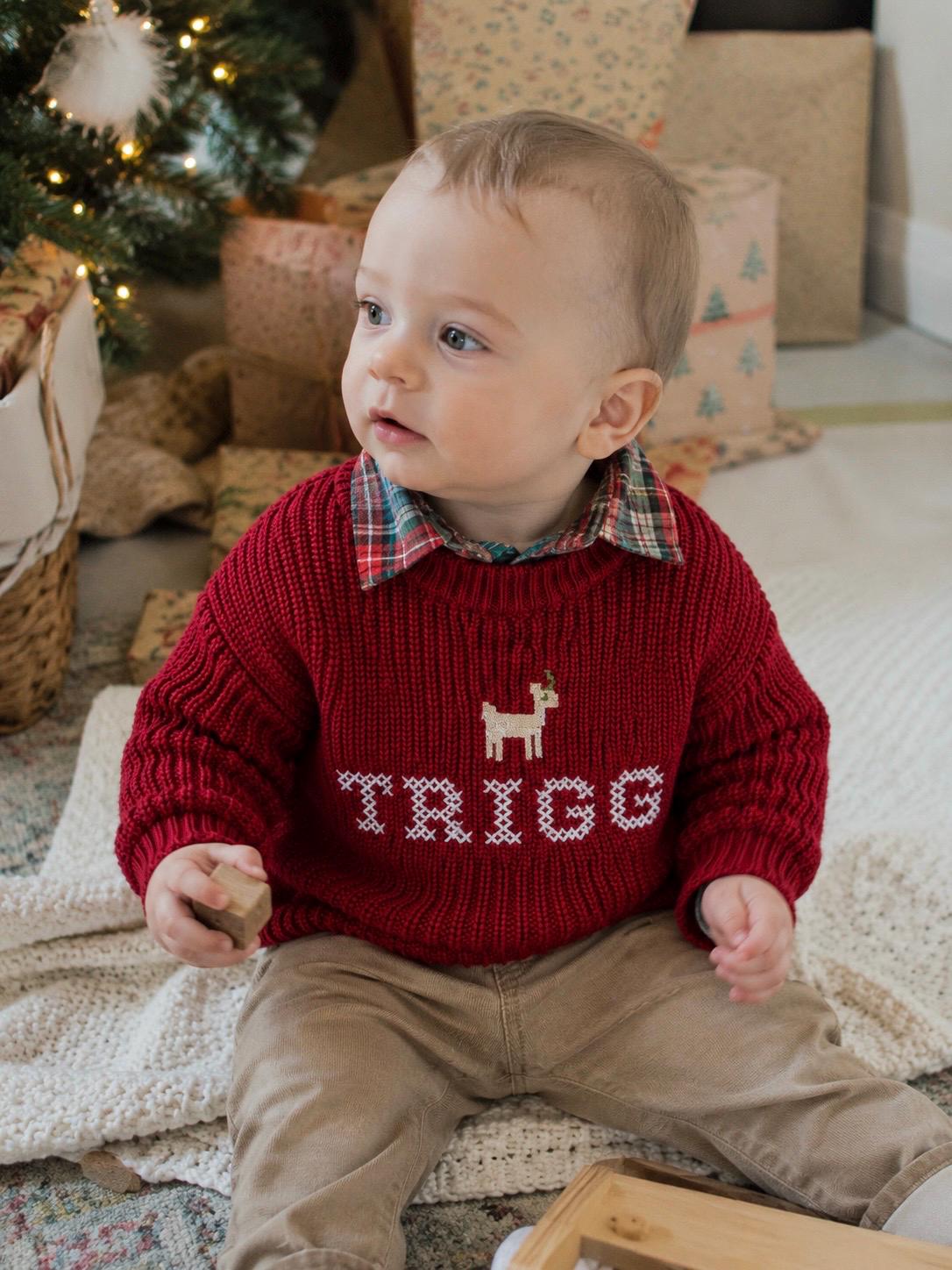 Baby Toddler Name Sweater, Baby Christmas Sweater Personalized, Christmas Tree Sweater with Name, Reindeer Rudloph Holiday Sweater, Boys Girls Christmas Sweater, Red and white, tan, beige Green with Christmas Trees Sweater, chunky knit personalized christmas tree sweater shirt outfit, the mod mango baby co, cross stitch christmas outfit baby toddler
