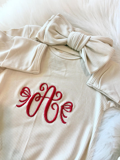 monogrammed embroidered bow baby gown for baby girl, christmas holiday personalized baby shower gift for girl, red light pink blush beige cream baby gift, newborn swaddle headband, coming home outfit, baby shower gift set, pregnancy announcement, baby hospital outfit, custom newborn baby gown with name, hand embroidered baby gift set, the mod mango baby boutique co