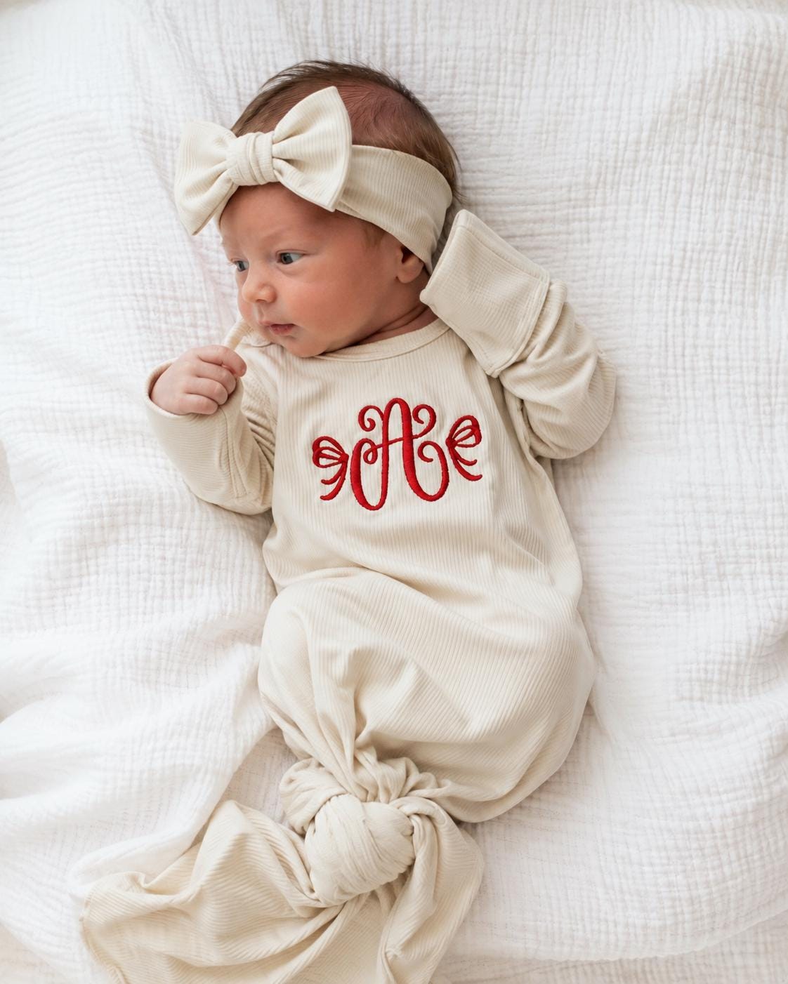 monogrammed embroidered bow baby gown for baby girl, christmas holiday personalized baby shower gift for girl, red light pink blush beige cream baby gift, newborn swaddle headband, coming home outfit, baby shower gift set, pregnancy announcement, baby hospital outfit, custom newborn baby gown with name, hand embroidered baby gift set, the mod mango baby boutique co