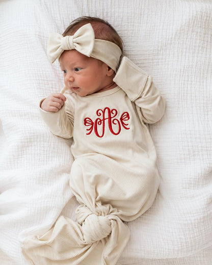 monogrammed embroidered bow baby gown for baby girl, christmas holiday personalized baby shower gift for girl, red light pink blush beige cream baby gift, newborn swaddle headband, coming home outfit, baby shower gift set, pregnancy announcement, baby hospital outfit, custom newborn baby gown with name, hand embroidered baby gift set, the mod mango baby boutique co