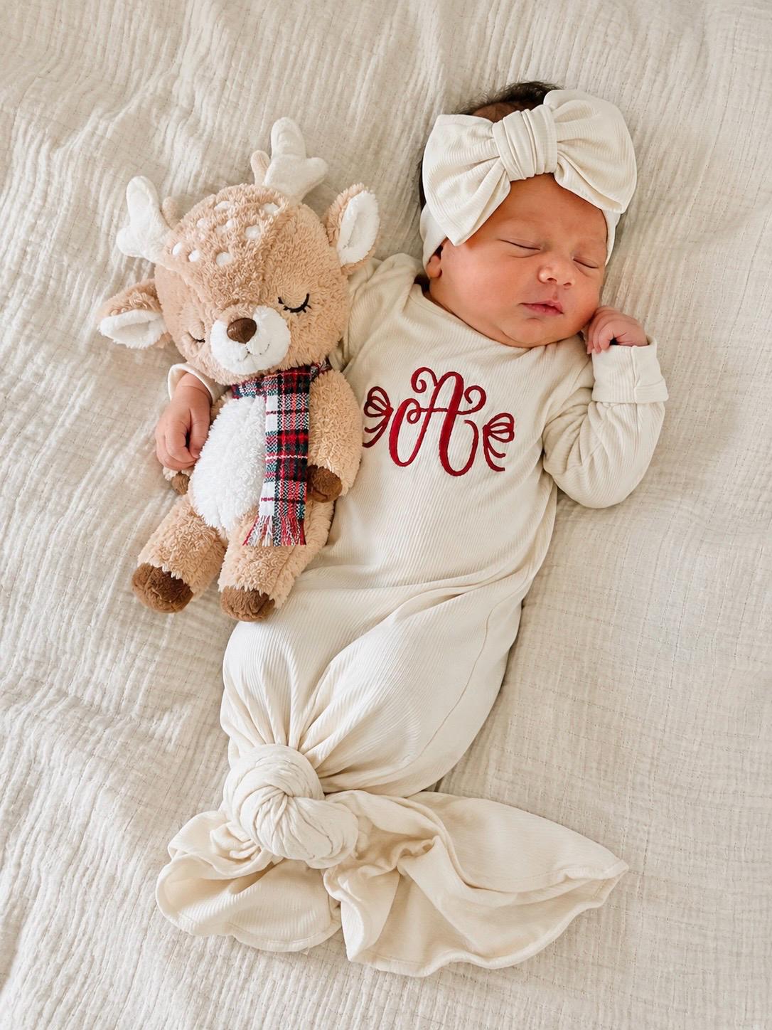monogrammed embroidered bow baby gown for baby girl, christmas holiday personalized baby shower gift for girl, red light pink blush beige cream baby gift, newborn swaddle headband, coming home outfit, baby shower gift set, pregnancy announcement, baby hospital outfit, custom newborn baby gown with name, hand embroidered baby gift set, the mod mango baby boutique co