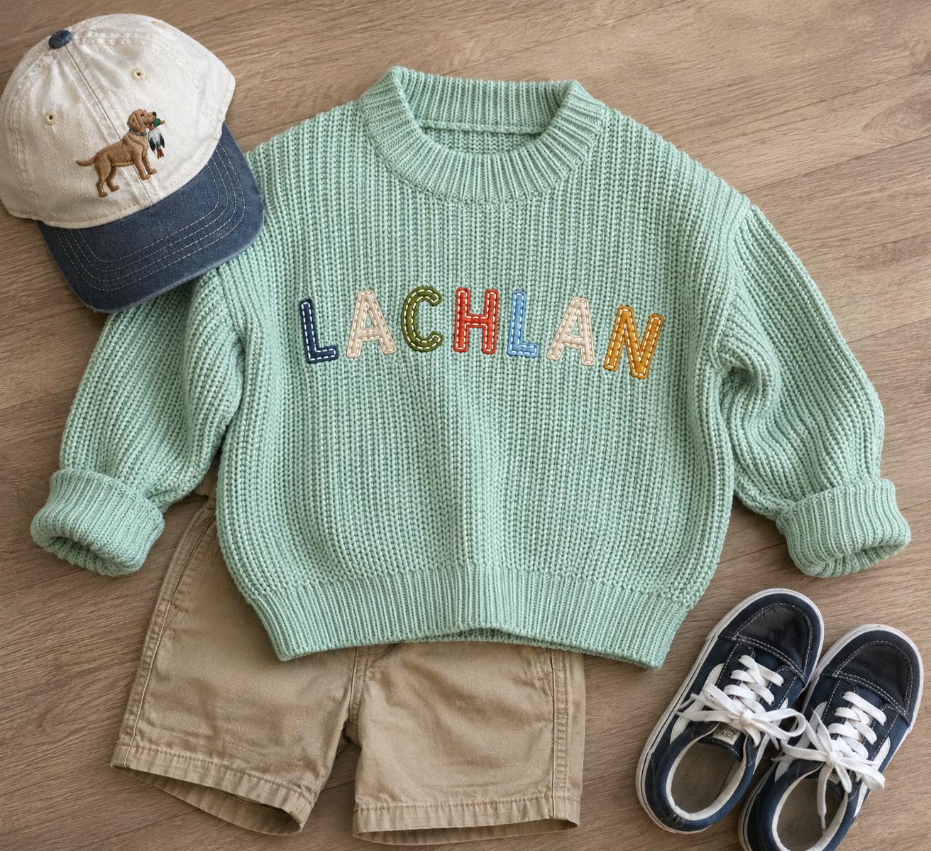 oversized toddler boys sweater embroidered name sweater, personalized back to school shirt, kids preschool kindergarten stitched name, blue white red beige cream mint green brown, fall sweater for kids toddler boys, custom baby sweater with name, embroidered baby sweater, the mod mango baby boutique co