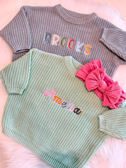 embroidered baby toddler colorful sweater for baby girl, personalized gift for girl, light pink blush beige cream baby gift, back to school shirt sweater, custom toddler baby sweater with name, embroidered fall sweater, the mod mango baby boutique co