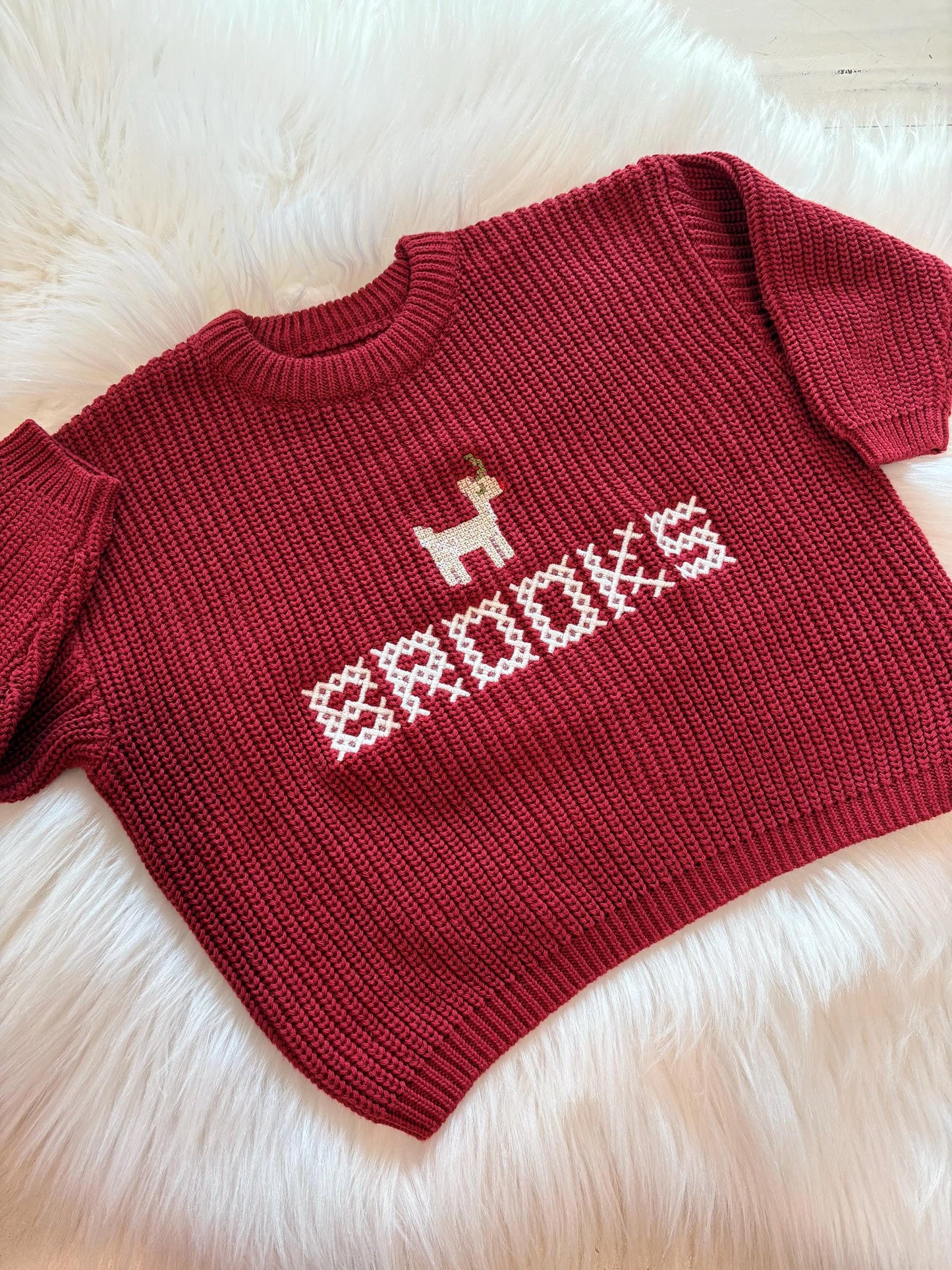 Baby Toddler Name Sweater, Baby Christmas Sweater Personalized, Christmas Tree Sweater with Name, Reindeer Rudloph Holiday Sweater, Boys Girls Christmas Sweater, Red and white, tan, beige Green with Christmas Trees Sweater, chunky knit personalized christmas tree sweater shirt outfit, the mod mango baby co, cross stitch christmas outfit baby toddler