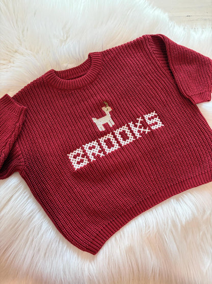 Baby Toddler Name Sweater, Baby Christmas Sweater Personalized, Christmas Tree Sweater with Name, Reindeer Rudloph Holiday Sweater, Boys Girls Christmas Sweater, Red and white, tan, beige Green with Christmas Trees Sweater, chunky knit personalized christmas tree sweater shirt outfit, the mod mango baby co, cross stitch christmas outfit baby toddler