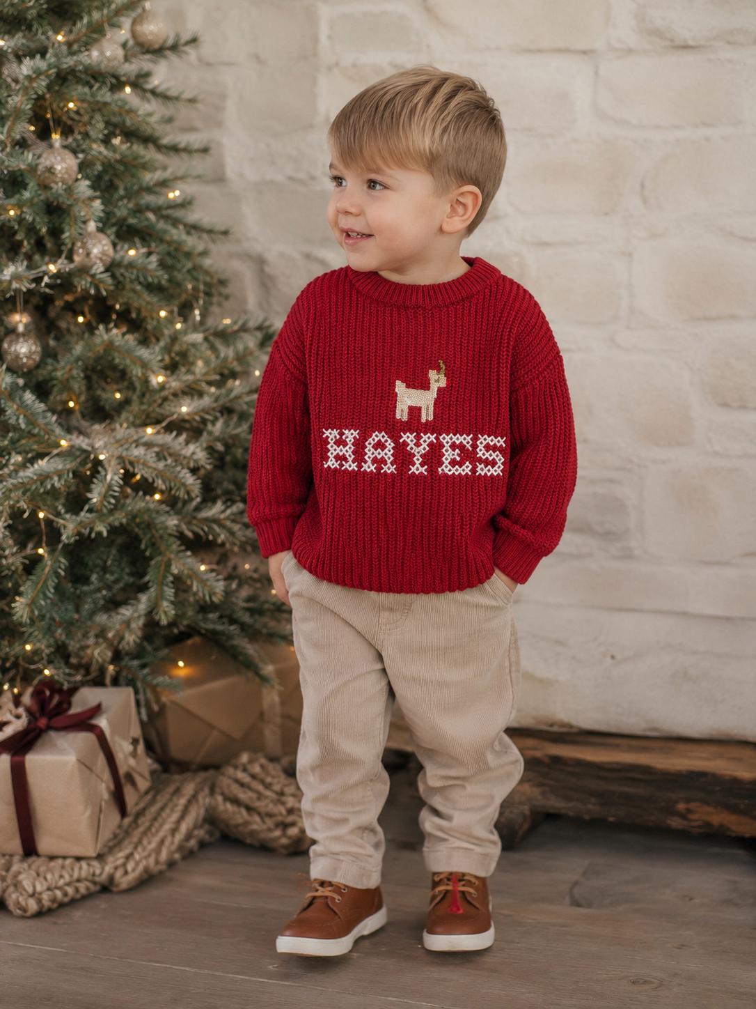 Baby Toddler Name Sweater, Baby Christmas Sweater Personalized, Christmas Tree Sweater with Name, Reindeer Rudloph Holiday Sweater, Boys Girls Christmas Sweater, Red and white, tan, beige Green with Christmas Trees Sweater, chunky knit personalized christmas tree sweater shirt outfit, the mod mango baby co, cross stitch christmas outfit baby toddler