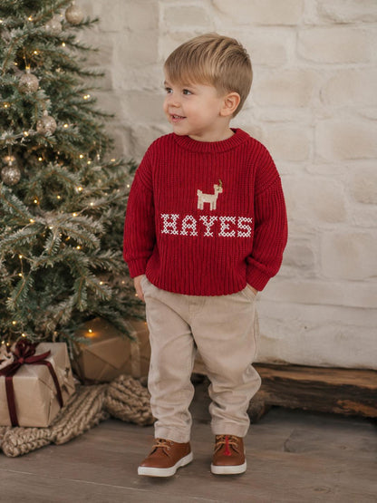 Baby Toddler Name Sweater, Baby Christmas Sweater Personalized, Christmas Tree Sweater with Name, Reindeer Rudloph Holiday Sweater, Boys Girls Christmas Sweater, Red and white, tan, beige Green with Christmas Trees Sweater, chunky knit personalized christmas tree sweater shirt outfit, the mod mango baby co, cross stitch christmas outfit baby toddler