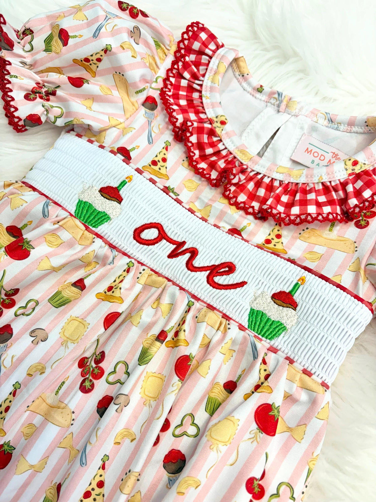 holy cannoli first birthday outfit bubble romper red and pink stripes and bows first birthday girl romper pink red  green and white gingham outfit, one little meatball italian girls pasta pizza spaghetti noodles red white smocked bubble romper first birthday bows ruffle embroidered smocked meat ball cupcake cannoli italian 1st birthday outfit romper baby girl, the mod mango