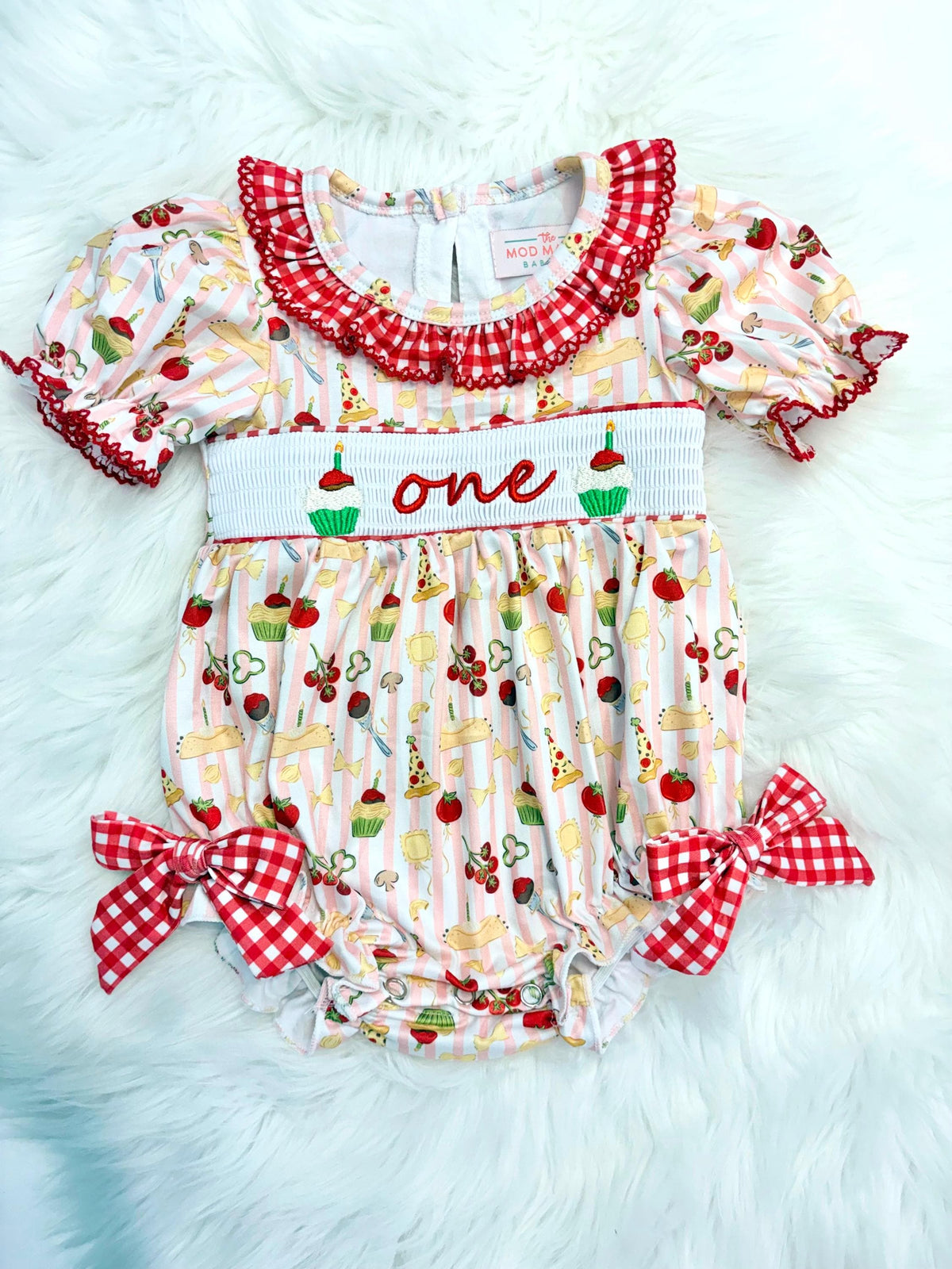 holy cannoli first birthday outfit bubble romper red and pink stripes and bows first birthday girl romper pink red  green and white gingham outfit, one little meatball italian girls pasta pizza spaghetti noodles red white smocked bubble romper first birthday bows ruffle embroidered smocked meat ball cupcake cannoli italian 1st birthday outfit romper baby girl, the mod mango