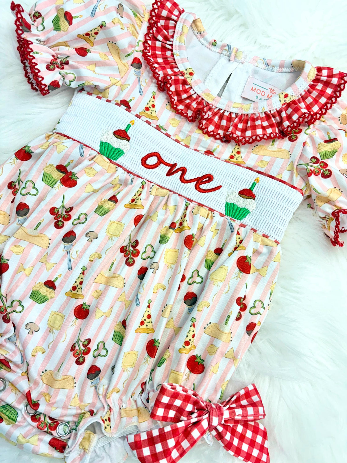 holy cannoli first birthday outfit bubble romper red and pink stripes and bows first birthday girl romper pink red  green and white gingham outfit, one little meatball italian girls pasta pizza spaghetti noodles red white smocked bubble romper first birthday bows ruffle embroidered smocked meat ball cupcake cannoli italian 1st birthday outfit romper baby girl, the mod mango