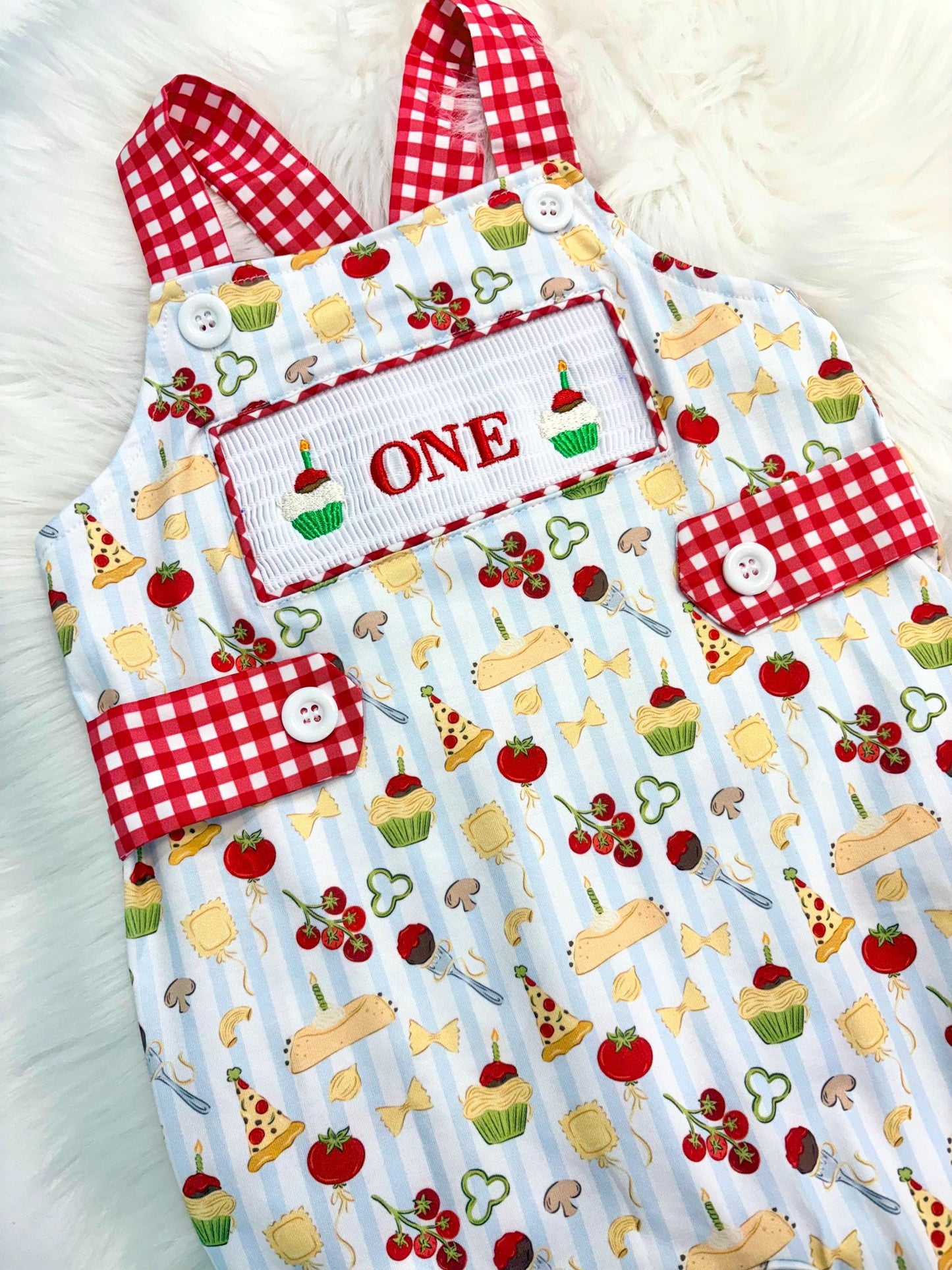 one little meatball cake smash outfit first birthday shirt boy romper italian pizza pasta cannoli blue stripes green red white checkered gingham spaghetti meatball cupcakes smash cake outfit overalls, ONE smocked romper first birthday happy boy, meatball embroidered smocked spring summer 1st birthday boy outfit romper baby boys cake smash outfit, the mod mango baby boutique co