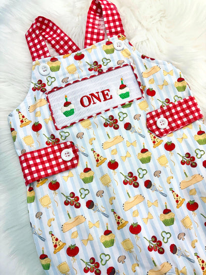 one little meatball cake smash outfit first birthday shirt boy romper italian pizza pasta cannoli blue stripes green red white checkered gingham spaghetti meatball cupcakes smash cake outfit overalls, ONE smocked romper first birthday happy boy, meatball embroidered smocked spring summer 1st birthday boy outfit romper baby boys cake smash outfit, the mod mango baby boutique co