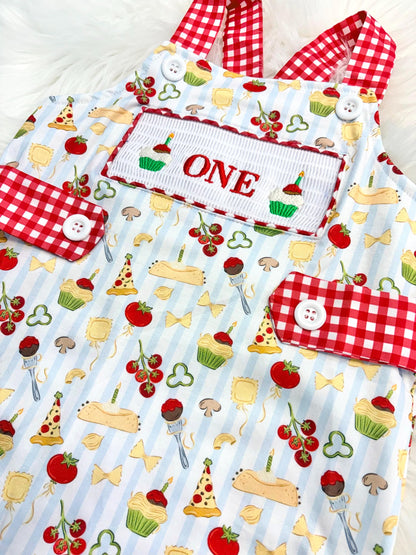 one little meatball cake smash outfit first birthday shirt boy romper italian pizza pasta cannoli blur stripes green red white checkered gingham spaghetti meatball cupcakes smash cake outfit overalls, ONE smocked romper first birthday happy boy, meatball embroidered smocked spring summer 1st birthday boy outfit romper baby boys cake smash outfit, the mod mango baby boutique co