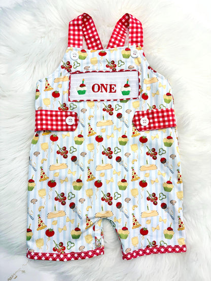 one little meatball cake smash outfit first birthday shirt boy romper italian pizza pasta cannoli blur stripes green red white checkered gingham spaghetti meatball cupcakes smash cake outfit overalls, ONE smocked romper first birthday happy boy, meatball embroidered smocked spring summer 1st birthday boy outfit romper baby boys cake smash outfit, the mod mango baby boutique co