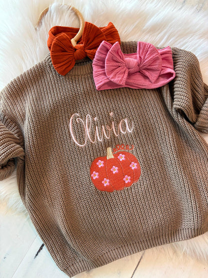 baby girl fall pumpkin sweater shirt outfit, Baby Toddler Name Sweater, Baby fall autumn Sweater Personalized, pink orange flowers polka dots pumpkin patch outfit Sweater with Name, thanksgiving Holiday Sweater, Girls fall thanksgiving Sweater, Red and white, tan, beige Green with Christmas Trees Sweater, chunky knit personalized pumpkin sweater shirt outfit, the mod mango baby co, outfit baby toddler